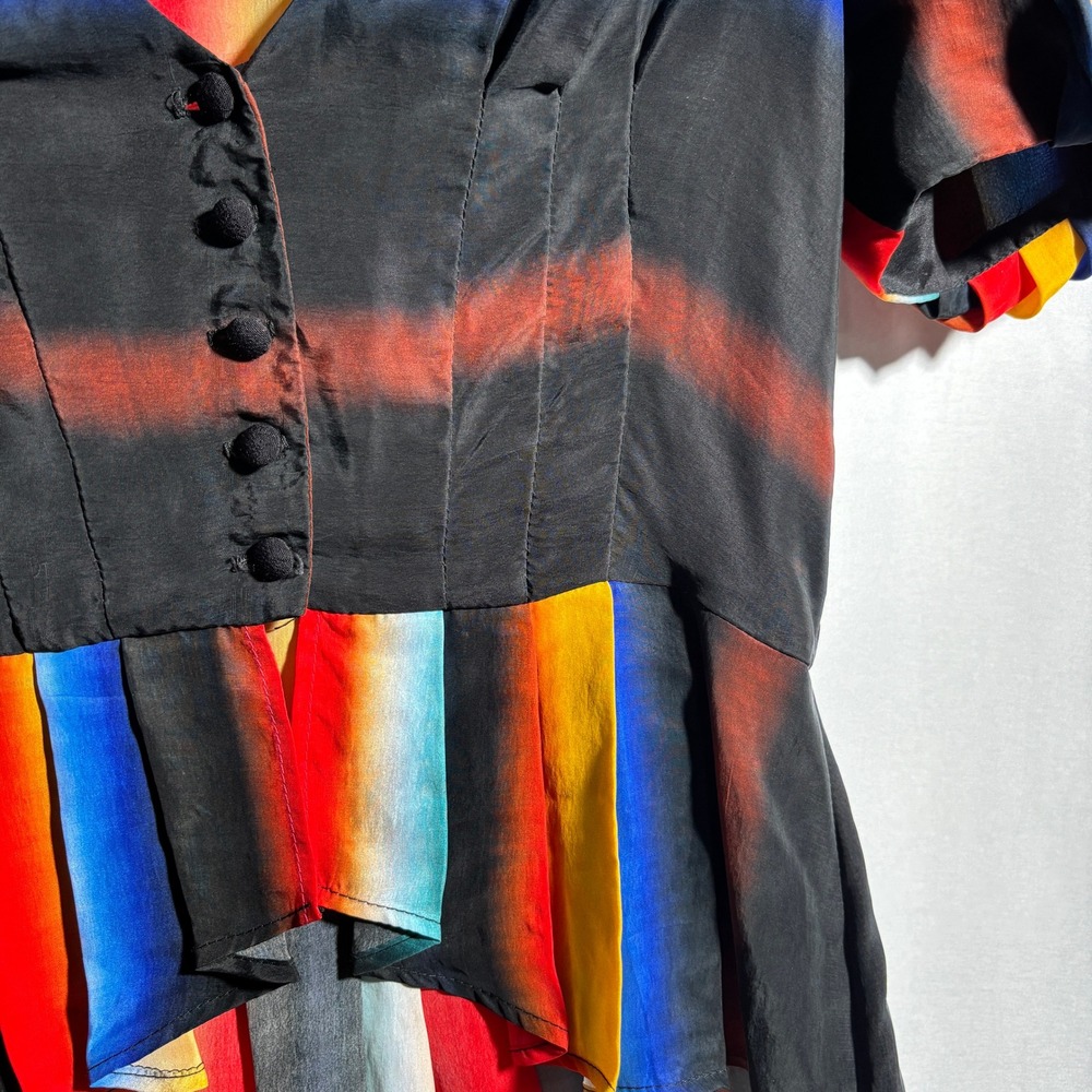 Katharine Kidd Rainbow Ombre Silk Peplum Top V Neck Puff Sleeve Colorful Crop S - Picture 4 of 8